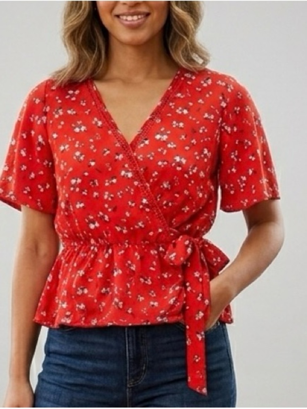 Sienna Sky Red Floral Wrap Tie Peplum Blouse